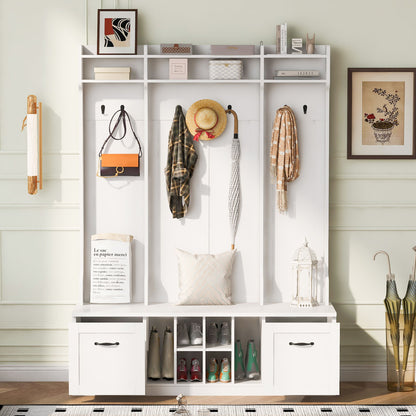 5 In 1 Entryway Bench With Coat Rack, 7 Sturdy Hooks, 2 Spacious Drawers And Adjustable Shelves, Wide Hall Tree With Metal Handles For Hallway - White