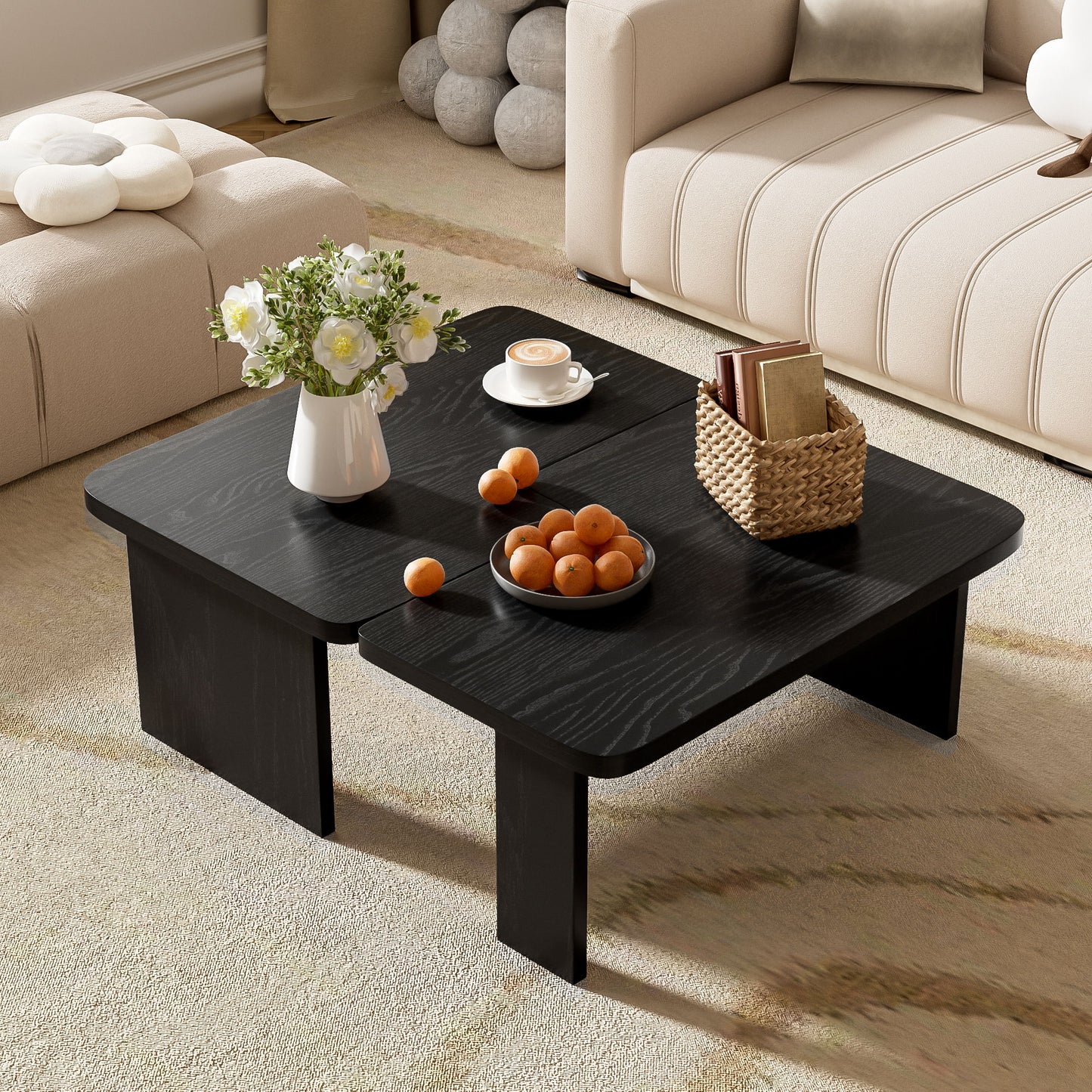 Modern Minimalist Coffee Table Set, Rectangle Coffee Table With Splicing Design, Multifunctional Combination Table For Living Room - Black