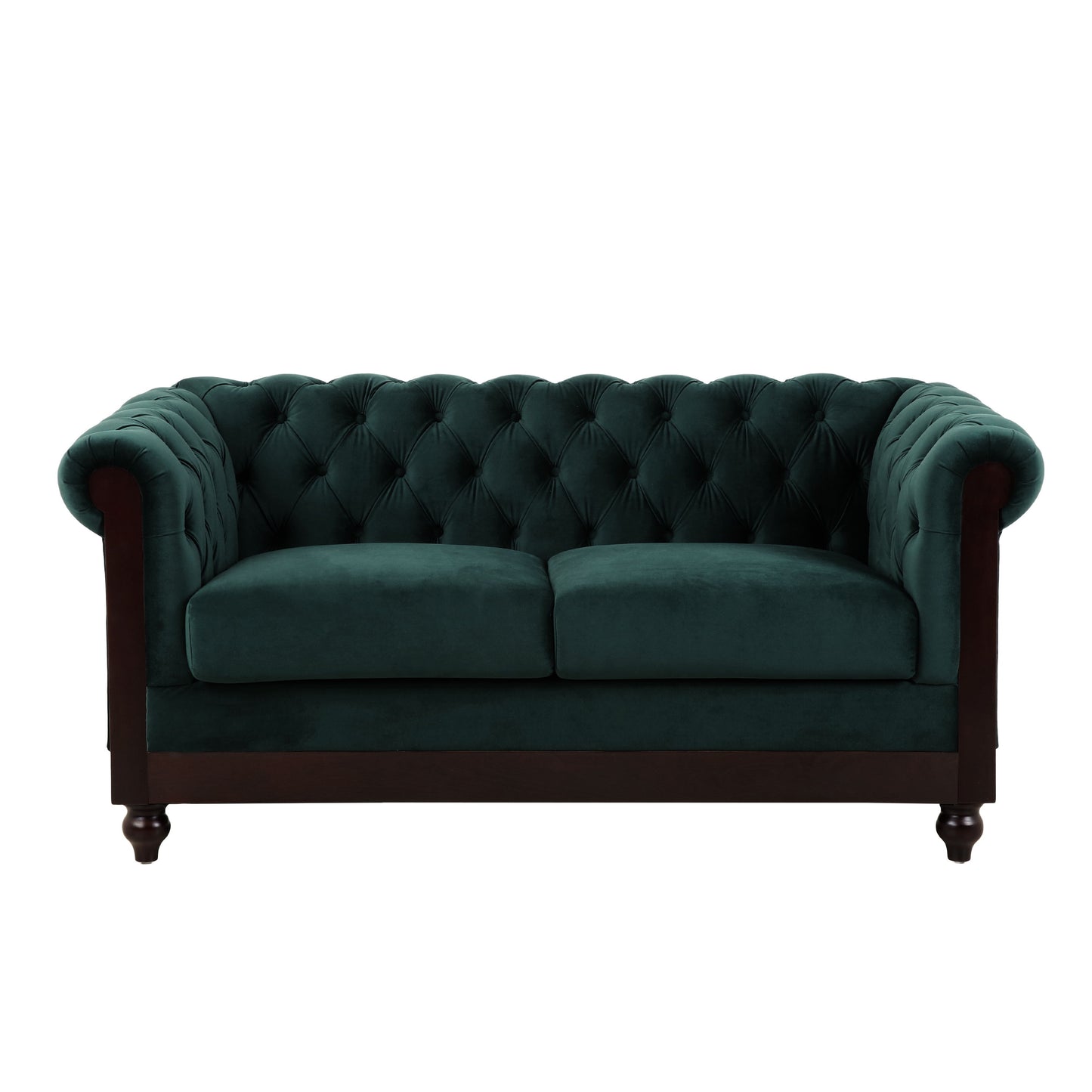 Chesterfield Velvet Loveseat Sofa 2 Person Rolled Arm Upholstered Couch - Forest Green