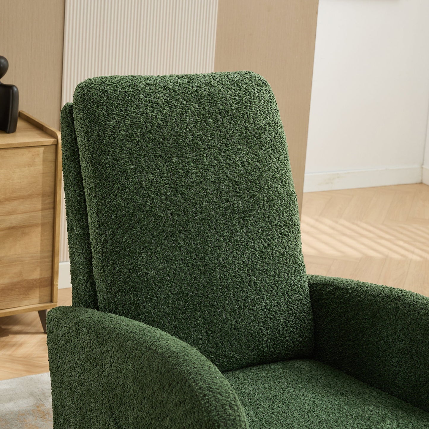 Boucle High Back Glider Rocking Chair With Retractable Footrest And Rubber Wood Legs For Nursery And Living Room - Green