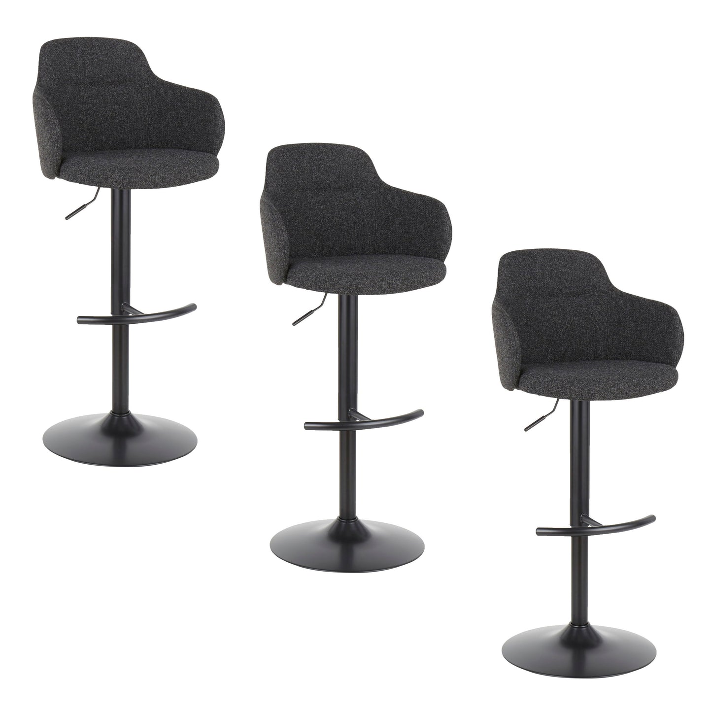 Boyne - Industrial Upholstered Adjustable Barstool With Swivel With Rounded T Footrest (Set of 3) - Black / Dark Gray