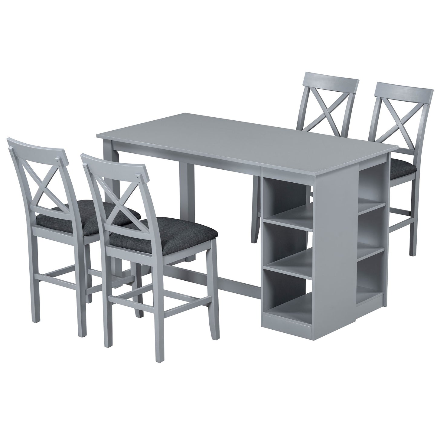 Solid Wood Farmhouse Counter Height Dining Table Set With 3 Tier Storage Shelves, Upholstered Dining Chairs For 4, 5 Piece - Gray