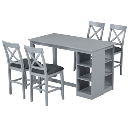 Solid Wood Farmhouse Counter Height Dining Table Set With 3 Tier Storage Shelves, Upholstered Dining Chairs For 4, 5 Piece - Gray