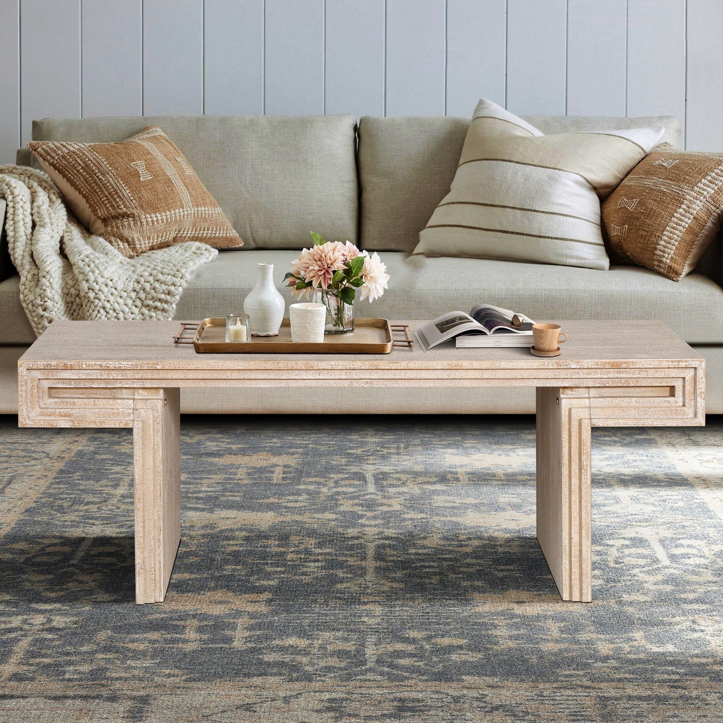 American Vintage Industrial Coffee Table, Premium Reclaimed Wood Texture, Double Tier Design - Antique Natural