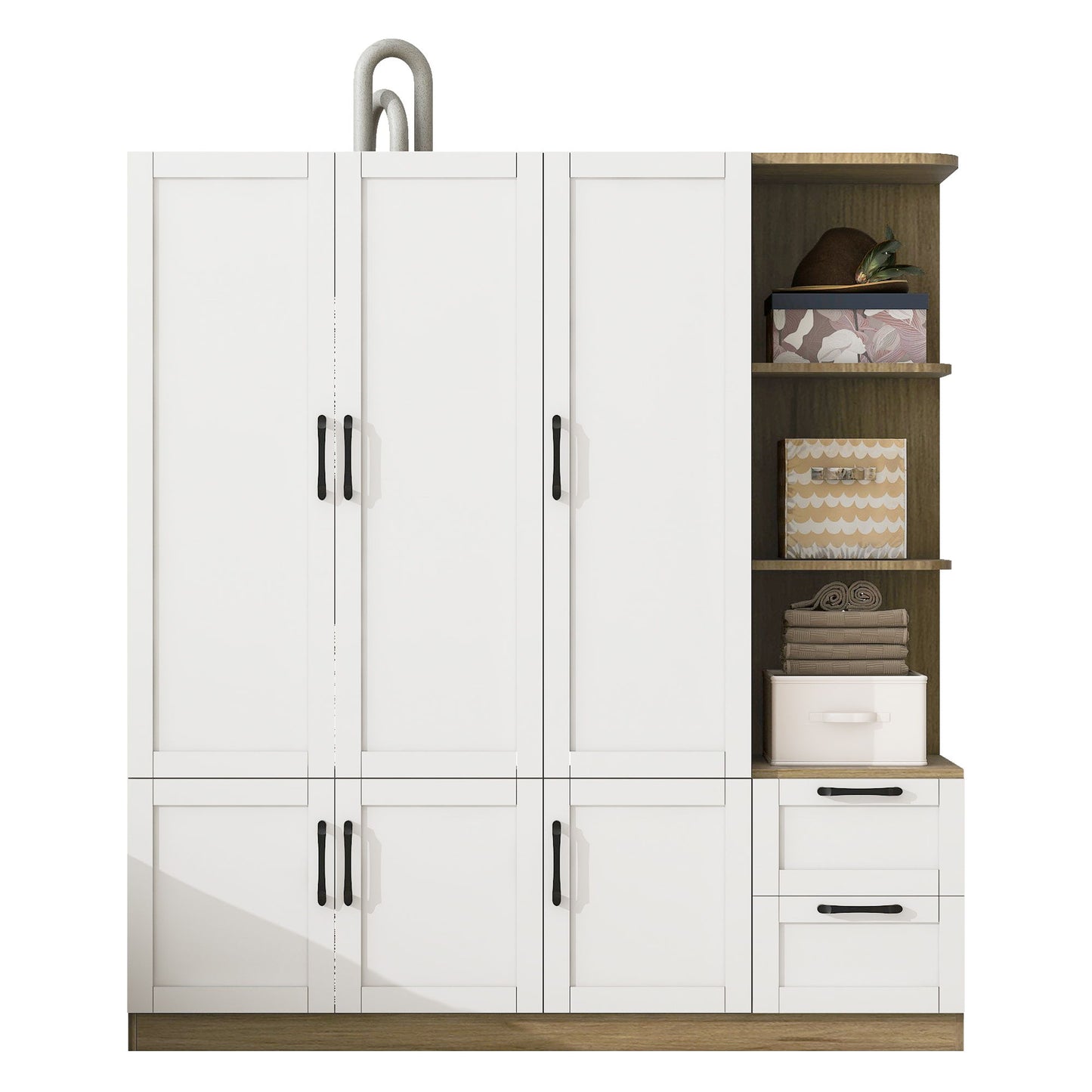 3 Door Storage Wardrobe For Dedroom With Shelves And 2 Drawers, Side Storage Shelves - White