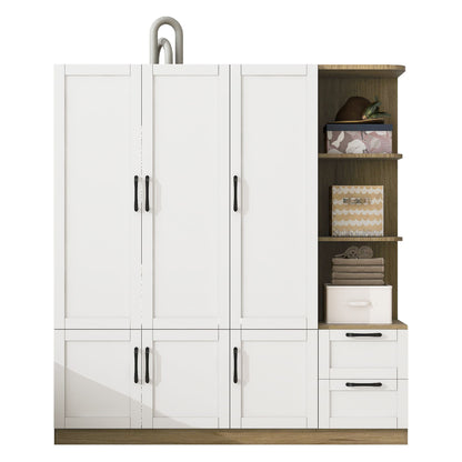 3 Door Storage Wardrobe For Dedroom With Shelves And 2 Drawers, Side Storage Shelves - White