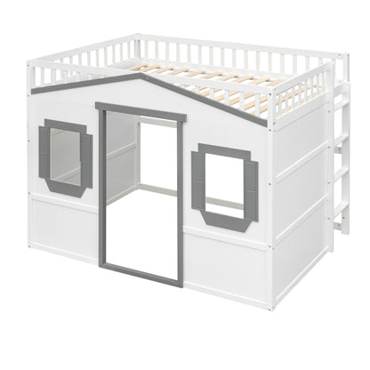 Full Size House Loft Bed With Ladder - White / Gray