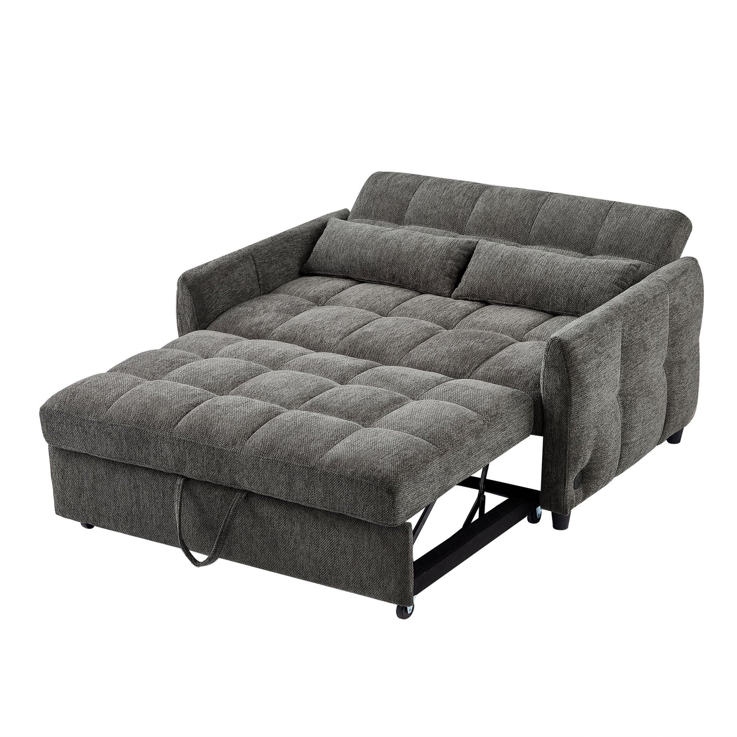 Loveseat Sofa Pull Out Sofa Bed Tufted Sleeper Sofa With An Adjustable Backrest, 3 USB Ports And 2 Lumbar Pillows For Living Room - Gray