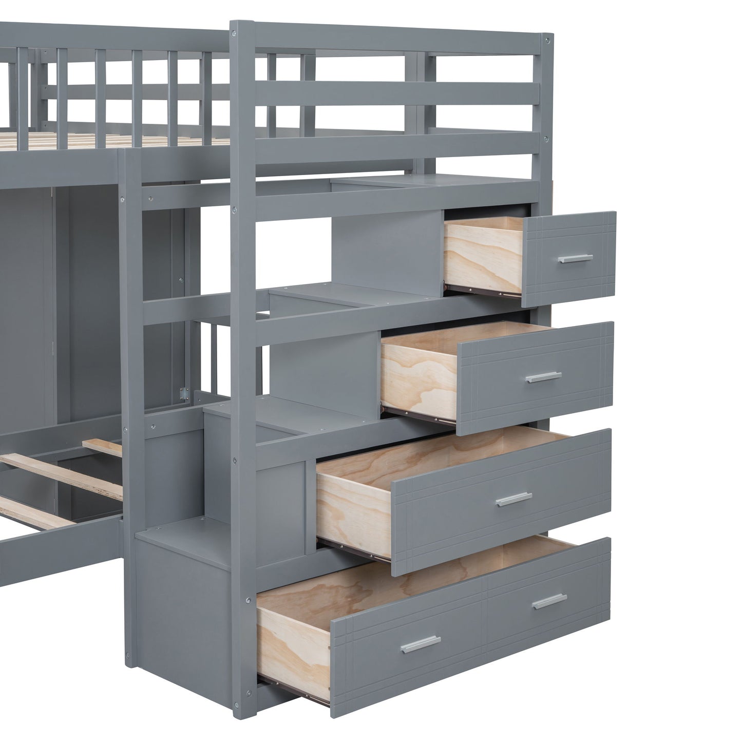 Full Over Twin Bunk Bed With Wardrobe, Drawers - Gray