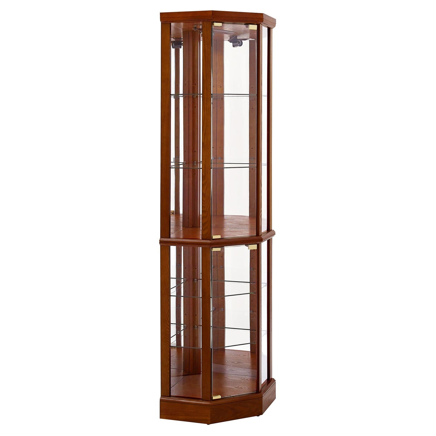 6 Shelf Lighted Corner Curio Cabinet With Adjustable Tempered Glass Shelves And Mirror Back (E26 Light Bulb Not Included) - Oak