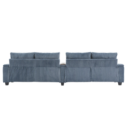 Modern 4 Seater Corduroy Sofa Couch With USB Ports, Hidden Storage, Flip Top Cup Holders - Blue