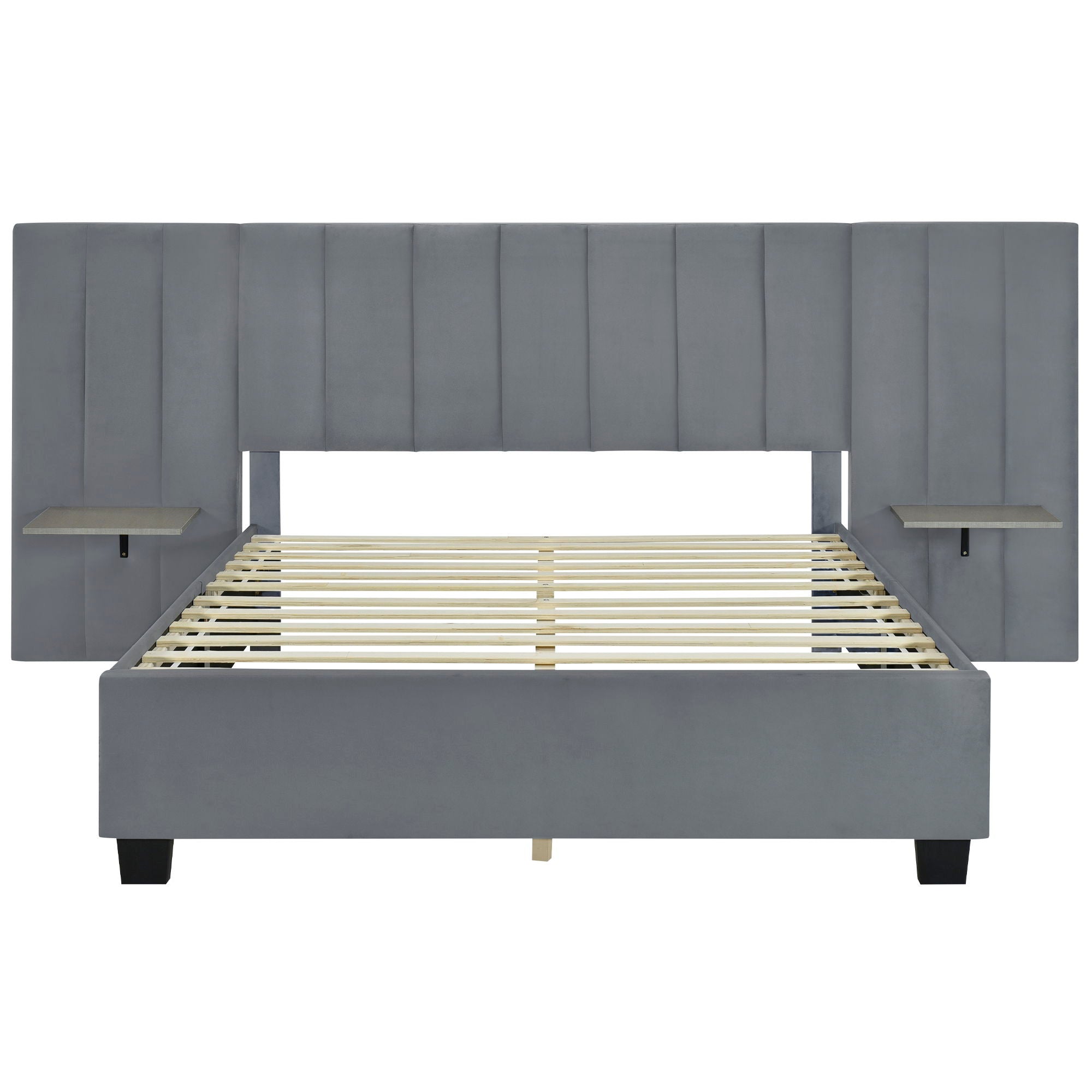 Queen Size Upholstered Platform Bed With Big Headboard - Gray