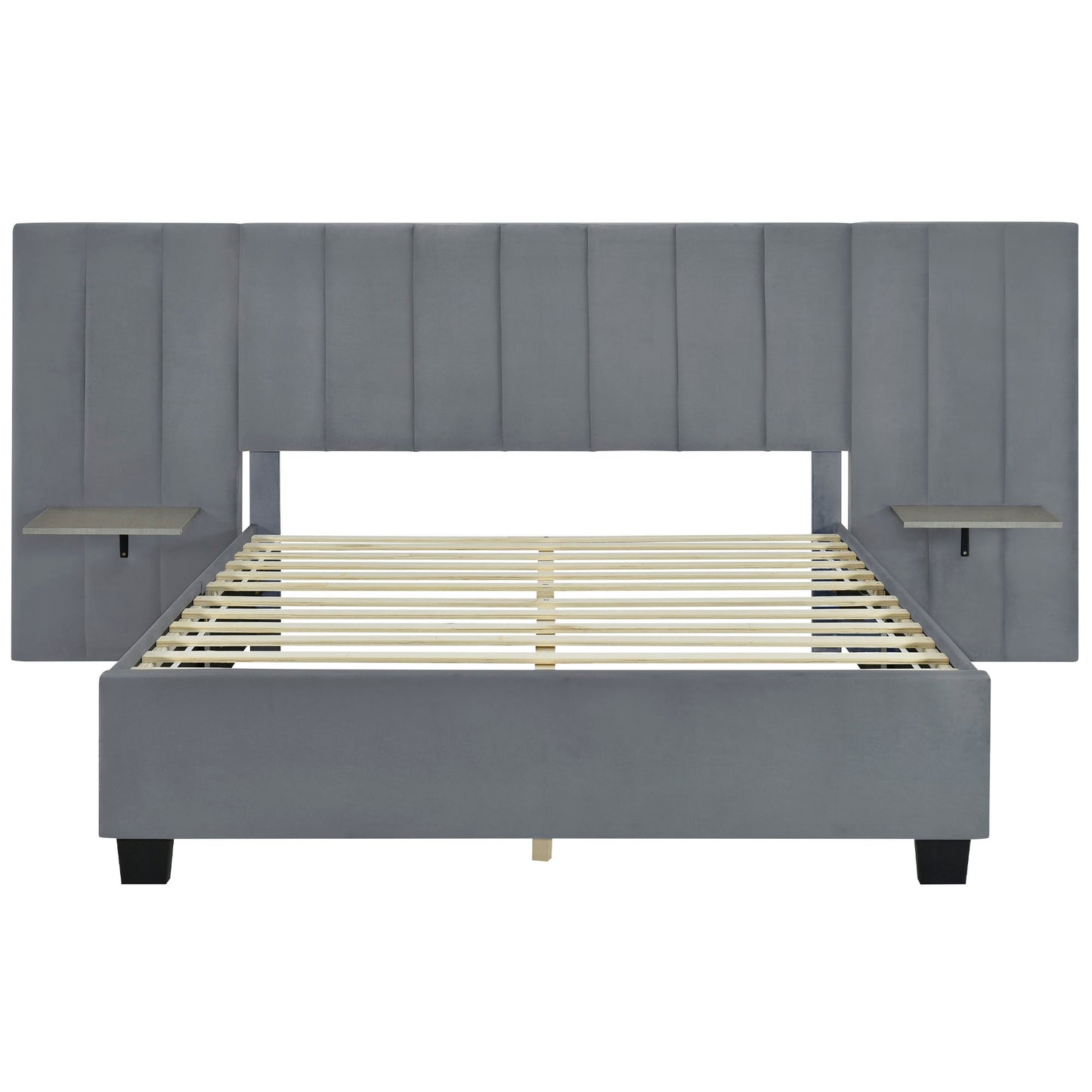Queen Size Upholstered Platform Bed With Big Headboard - Gray