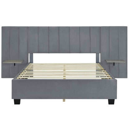 Queen Size Upholstered Platform Bed With Big Headboard - Gray
