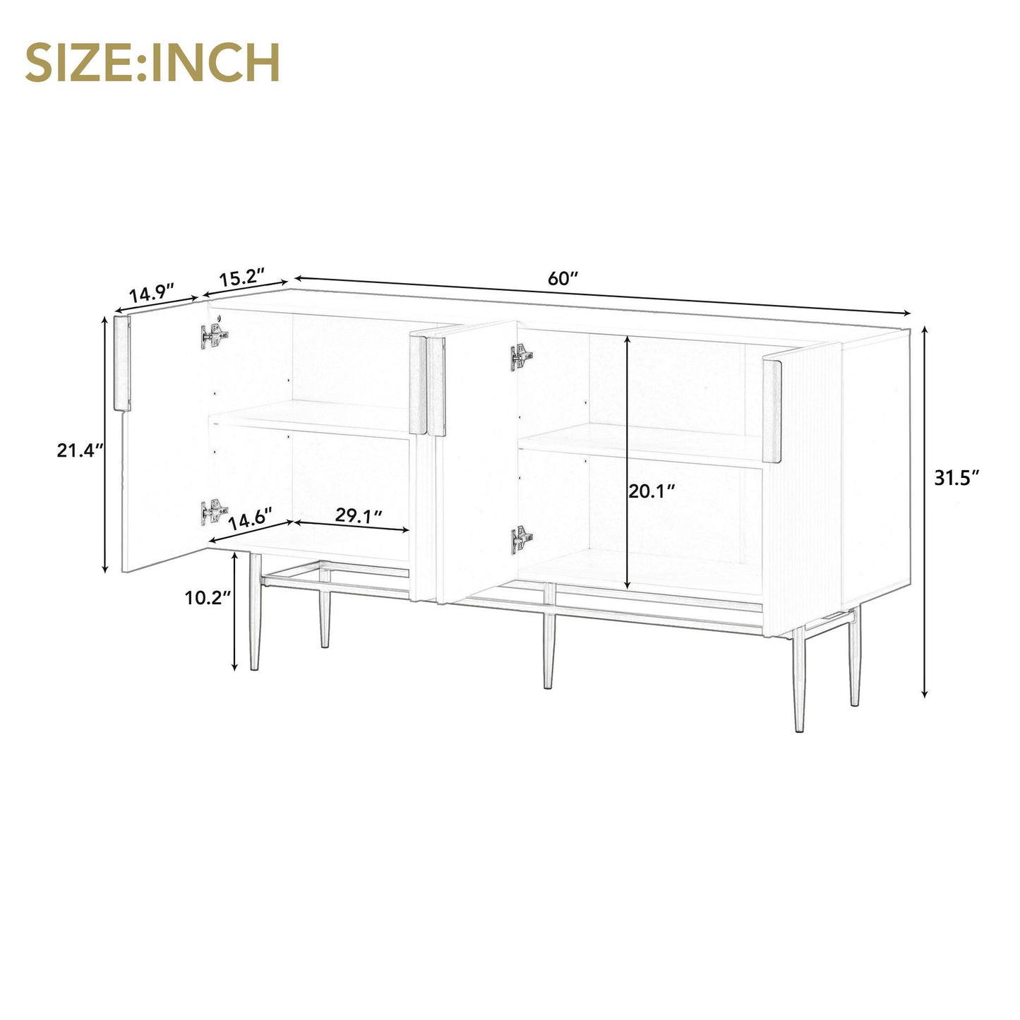 Modern Elegant 4 Door Sideboard Gold Metal Handle Buffet Cabinet For Dining Room, Living Room, Bedroom, Hallway - Black
