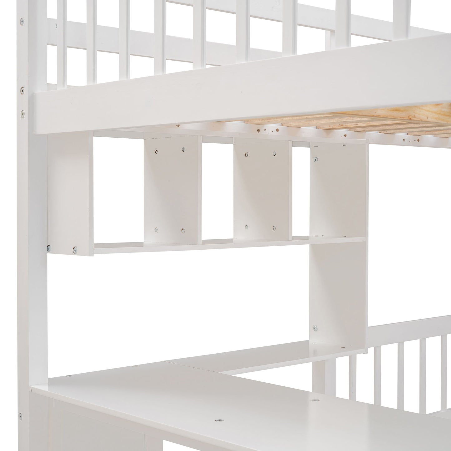 Full Over Twin Bunk Bed With Desk, Drawers And Shelves - White