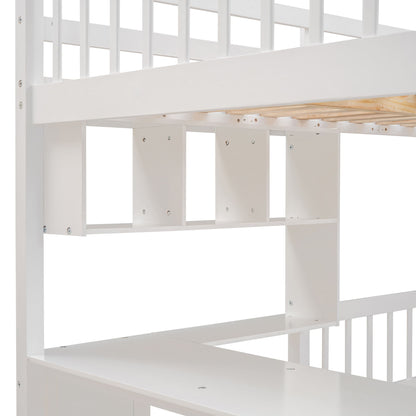 Full Over Twin Bunk Bed With Desk, Drawers And Shelves - White