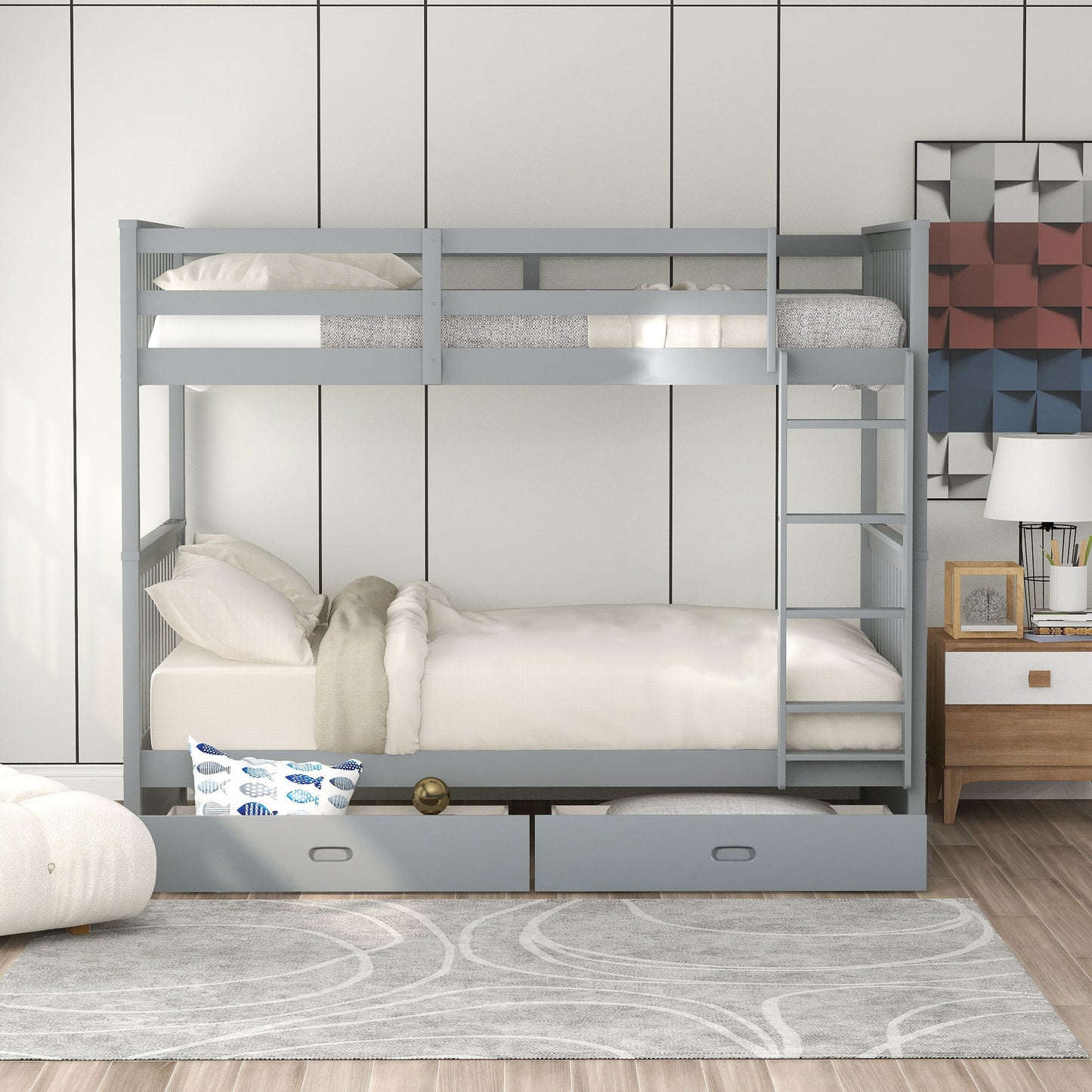 Twin Over Twin Bunk Bed With Ladders And 2 Storage Drawers - Gray