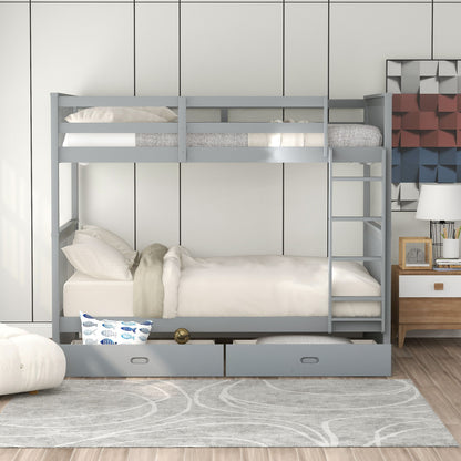 Twin Over Twin Bunk Bed With Ladders And 2 Storage Drawers - Gray