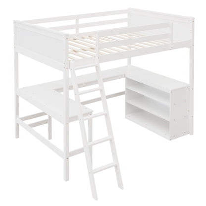 Full Size Loft Bed With Shelves With Desk - White