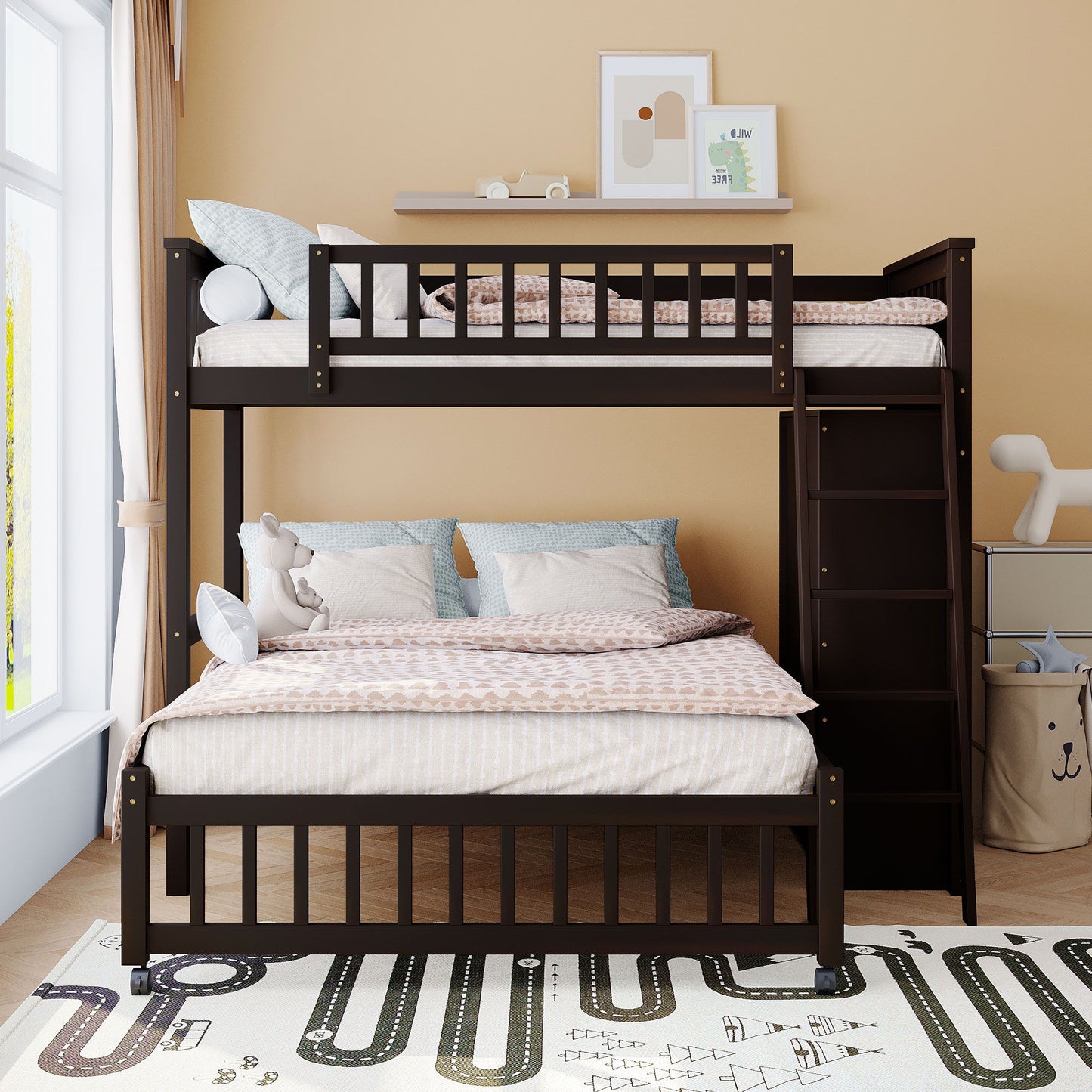 Twin Over Full Bunk Bed With 6 Drawers And Flexible Shelves, Bottom Bed With Wheels - Espresso