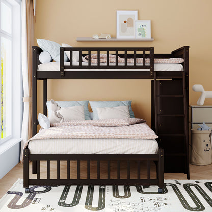 Twin Over Full Bunk Bed With 6 Drawers And Flexible Shelves, Bottom Bed With Wheels - Espresso