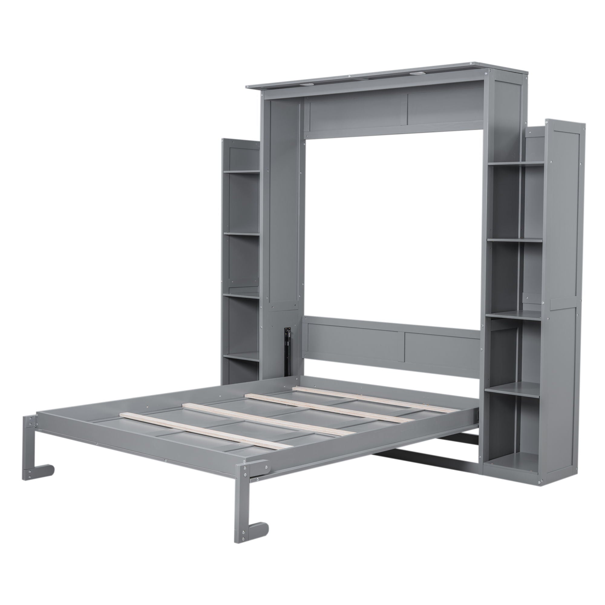 Queen Size Murphy Wall Bed With Shelves And LED Lights - Gray