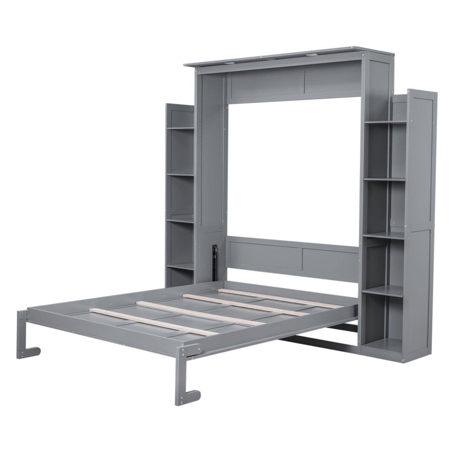Queen Size Murphy Wall Bed With Shelves And LED Lights - Gray