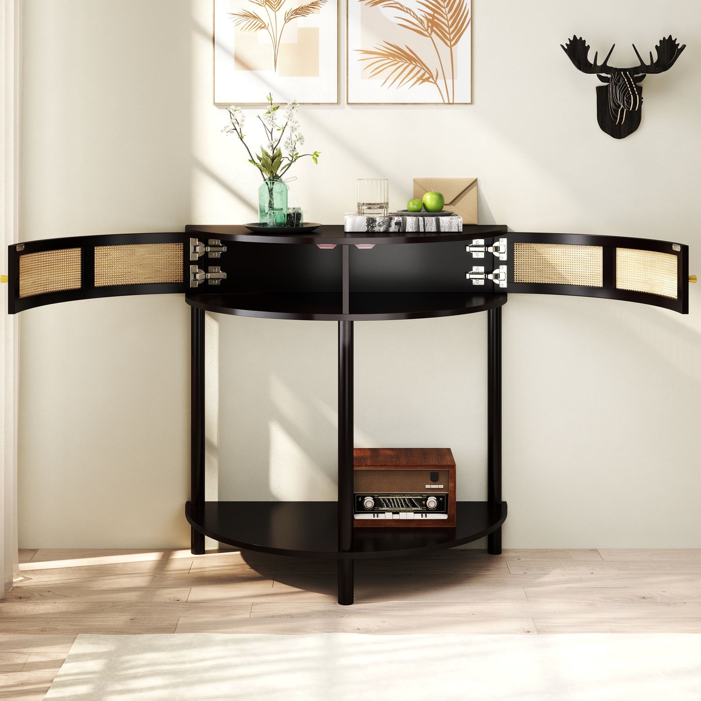 Boho Rattan Semi Circle End Table With Sliding Door, Elegant Wood Accent Table With Storage And Bottom Shelf - Black