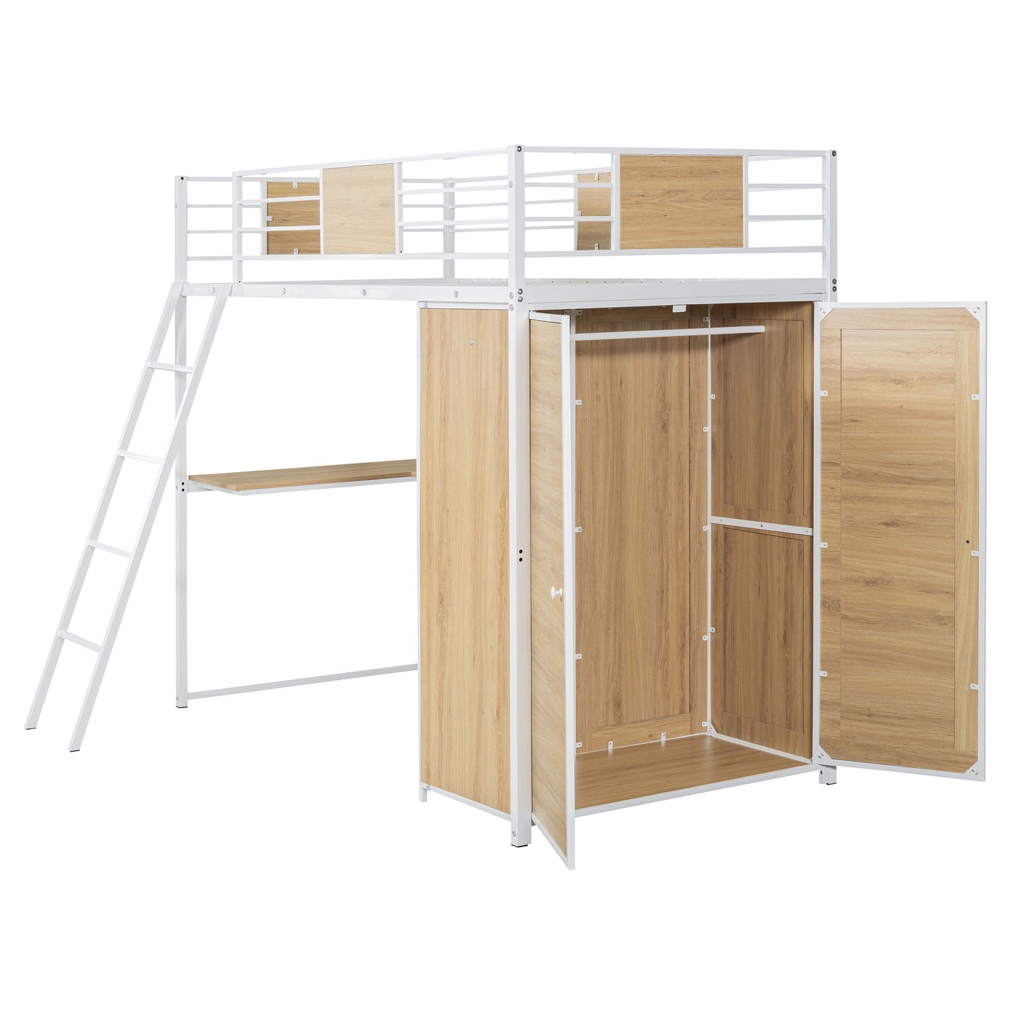 Twin Size Loft Bed With L Shape Desk And Wardrobe - White