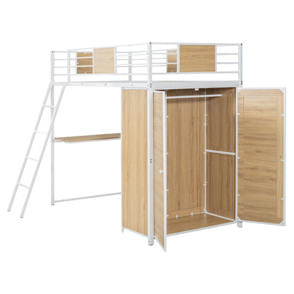 Twin Size Loft Bed With L Shape Desk And Wardrobe - White