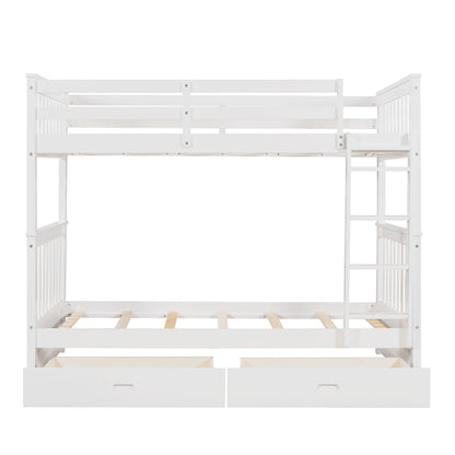Twin Over Twin Bunk Bed With Ladders And 2 Storage Drawers - White
