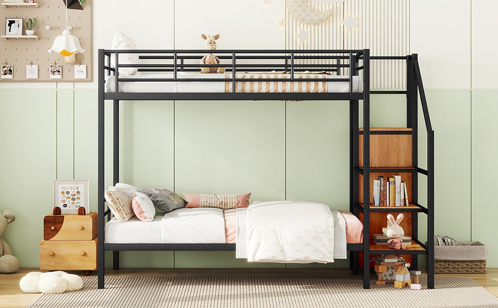 Twin Over Twin Metal Bunk Bed With Lateral Storage Ladder And Wardrobe - Black