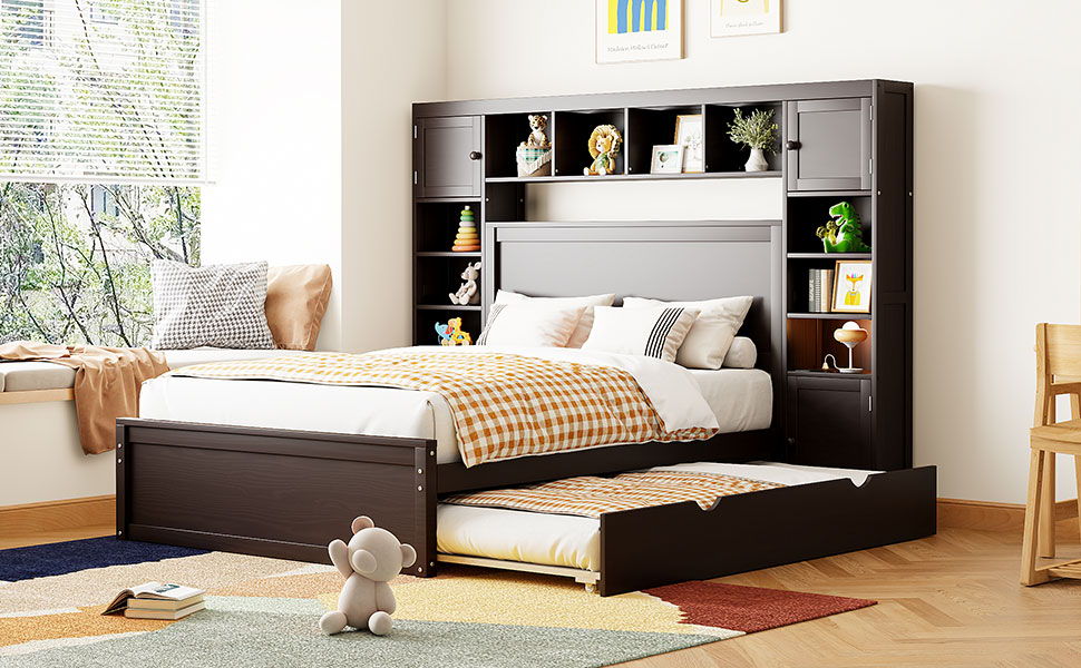 Full Size Bed With All In One Cabinet, Shelf And Sockets, Twin Size Trundle - Espresso