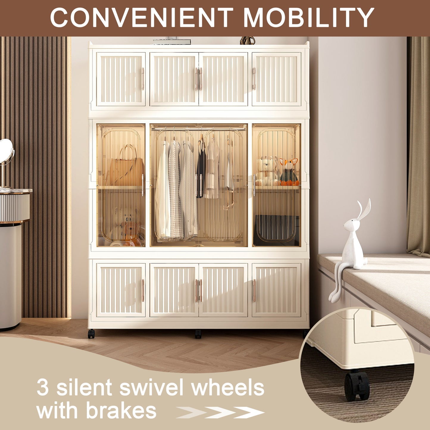 Portable Wardrobe Closet Storage Organizer With 12 Magnetic Doors, 12 Cubes & Hanging Rod - White
