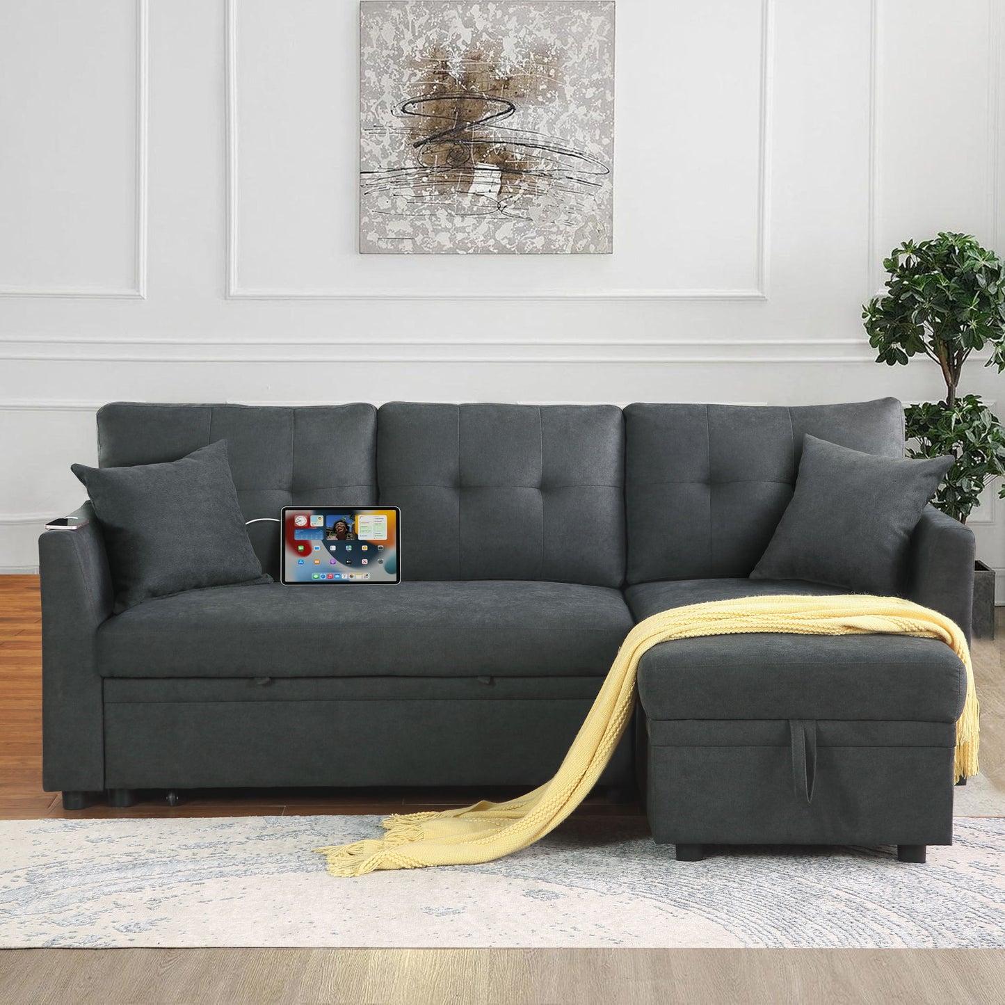 Sectional Sofa Bed L Shaped Sofa Couch Bed With USB Port, Reversible Sofa Couch Sleeper With Pull Out Bed, Chaise With Storage, Pull Out Couch For Living Room - Gray