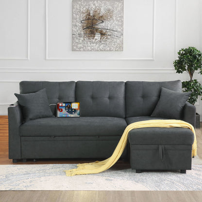 Sectional Sofa Bed L Shaped Sofa Couch Bed With USB Port, Reversible Sofa Couch Sleeper With Pull Out Bed, Chaise With Storage, Pull Out Couch For Living Room - Gray