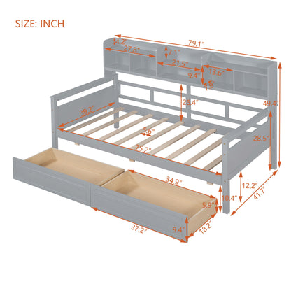 Twin Size Daybed, Slat Support, With Bedside Shelves And 2 Drawers - Gray
