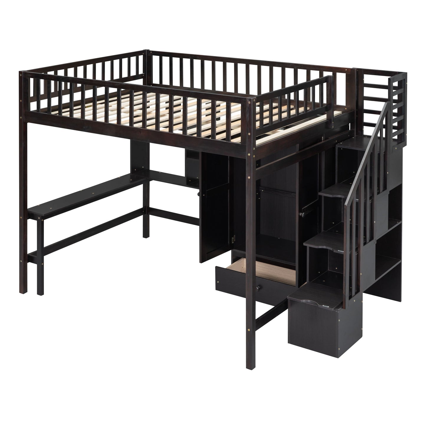 Full Size Loft Bed With Bookshelf, Drawers, Desk, And Wardrobe - Espresso