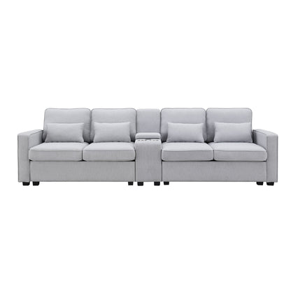 Upholstered Sofa With Console, 2 Cupholders And 2 USB Ports Wired Or Wirelessly Charged, Modern Linen Fabric Couches With 4 Pillows (4 Seat) - Light Gray