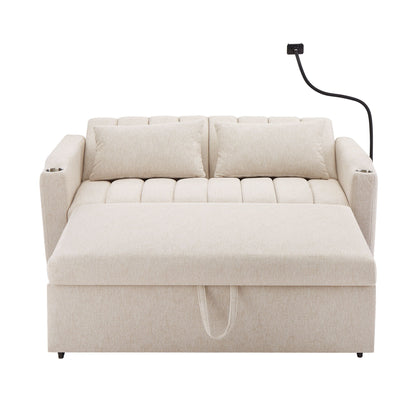Convertible Sofa Bed Loveseat Sofa With Three USB Ports, Two Side Pockets, Two Cup Holders And 360ÔøΩÔøΩÔøΩÔøΩÔøΩÔøΩÔøΩÔøΩÔøΩÔøΩÔøΩÔøΩÔøΩÔøΩÔøΩÔøΩÔøΩÔøΩÔøΩÔøΩÔøΩÔøΩÔøΩÔøΩÔøΩÔøΩÔøΩÔøΩÔøΩÔøΩÔøΩÔøΩÔøΩ swivel Phone Holder For Living Room - Beige