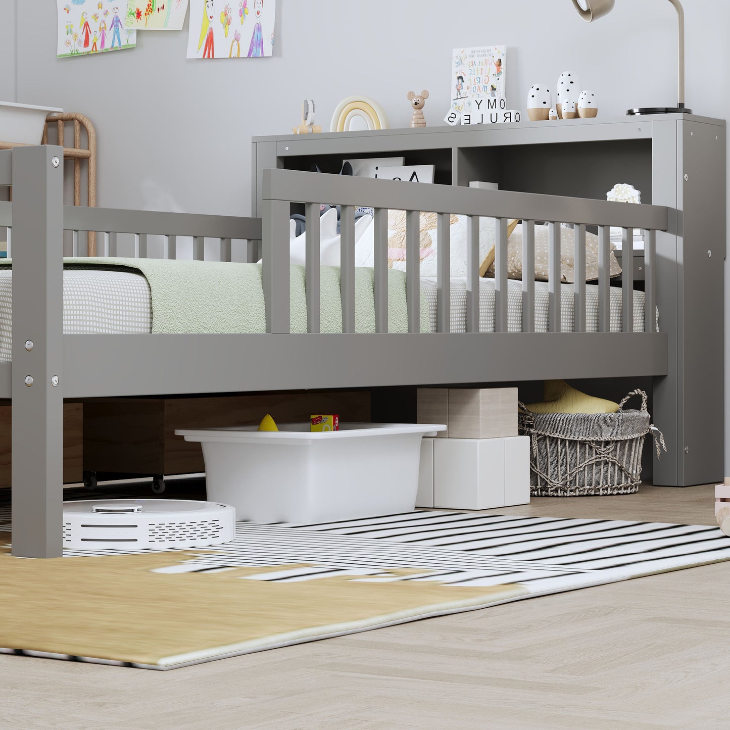 Twin Size Bed With Headboard Storage Rack, 2 Under Bed Drawers, 3 - Side Guardrails For Safety And Security - Gray