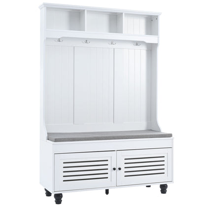 5 In 1 Entryway Bench With Shutter - Shaped Doors, Coat Rack, Cushion And 4 Sturdy Hooks, Wide Hall Tree With Storage Bench For Hallway, Entryway, Living Room - White