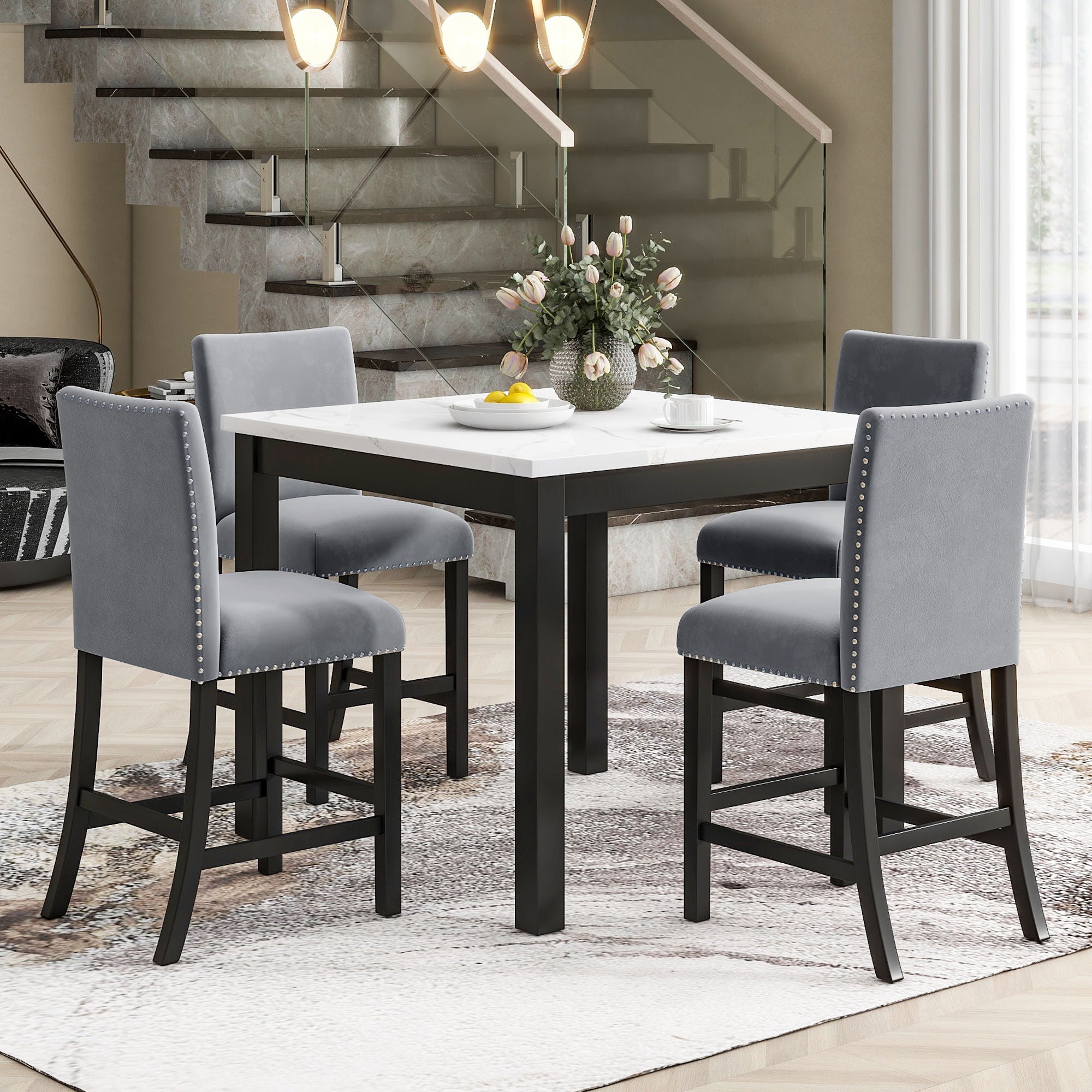 5-Piece Counter Height Dining Table Set With One Faux Marble Top Dining Table And Four Velvet Upholstered Chairs - Gray