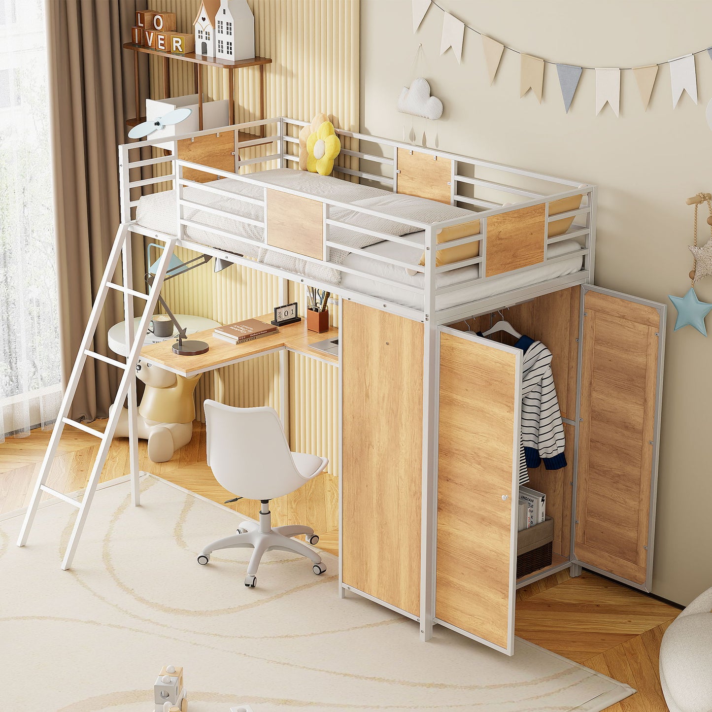 Twin Size Loft Bed With L Shape Desk And Wardrobe - White