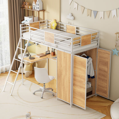 Twin Size Loft Bed With L Shape Desk And Wardrobe - White