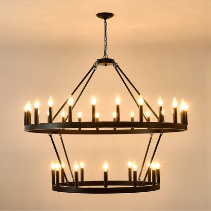 2 Tiers Wagon Wheel Chandelier Wooden Farmhouse 36 Light (24 / 12) Or (12 / 24) Metal Chandeliers 2 Story Light Fixtures Industrial For High Ceiling Living Dining Room Foyer, Adjustable Height - Black
