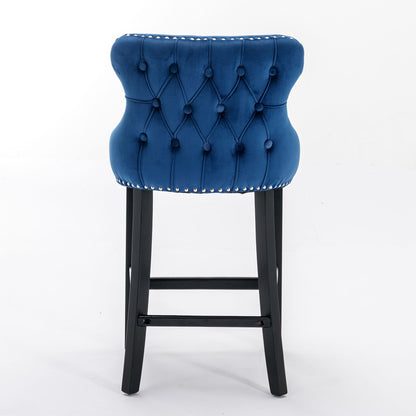 Contemporary Velvet Upholstered Wing-Back Barstools With Button Tufted Decoration And Wooden Legs, And Chrome Nailhead Trim, Leisure Style Bar Chairs, Bar Stools (Set of 4) - Blue