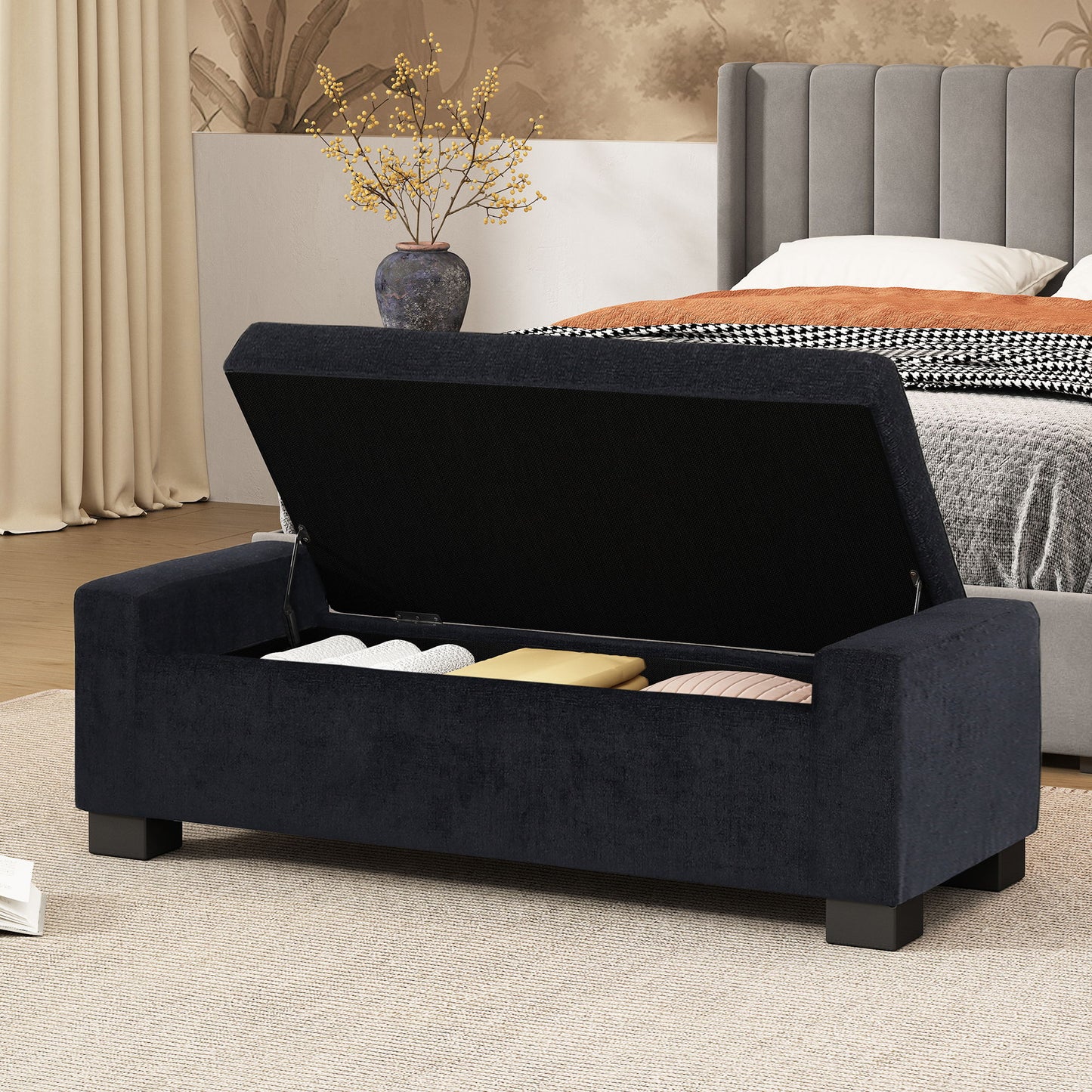 Textured Fabric Ottoman Bench With Hinged Lid - Dark Blue