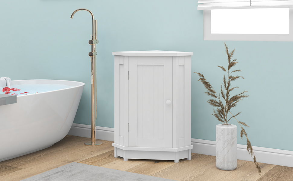 Bathroom Cabinet Triangle Corner Storage Cabinet With Adjustable Shelf Modern Style - White
